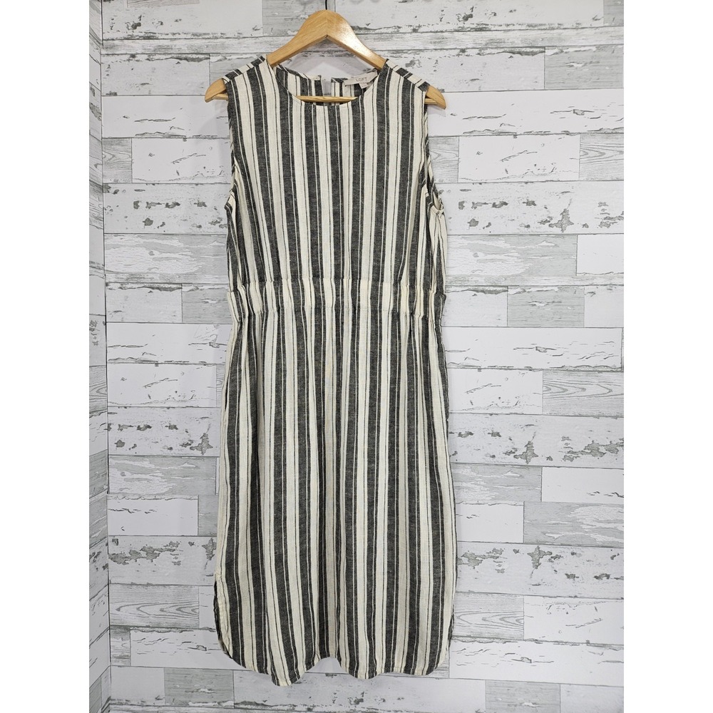 Loft Womens 10 Gray Ivory Striped Linen Dress Coastal Resort